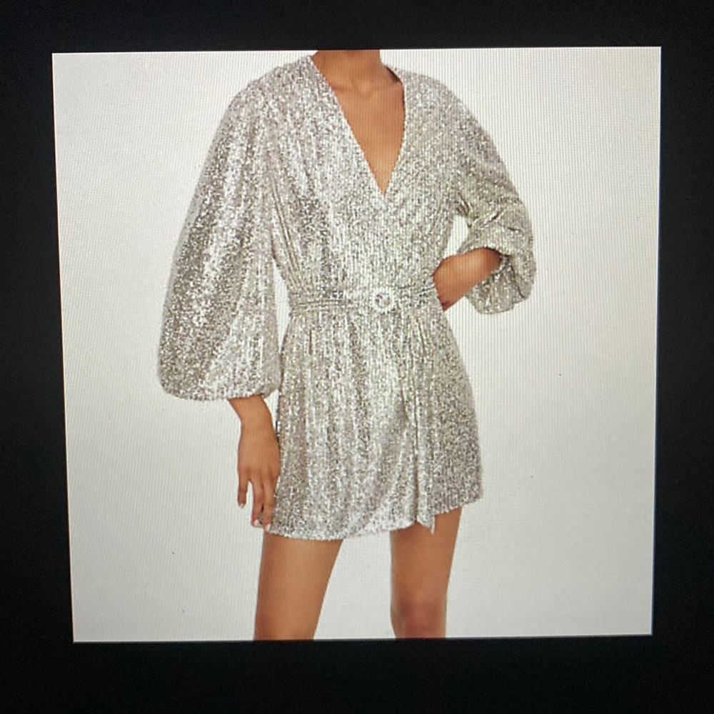 Zara Mini Sequin Dress Blazer Puff Sleeves V-Neck